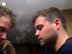 Nasty homo lad cannot stop smoking while teasing his knob